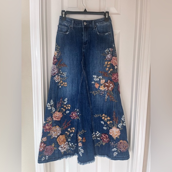 DRIFTWOOD Denim - Driftwood Floral Embroidered Blue Jeans Maxi Skirt